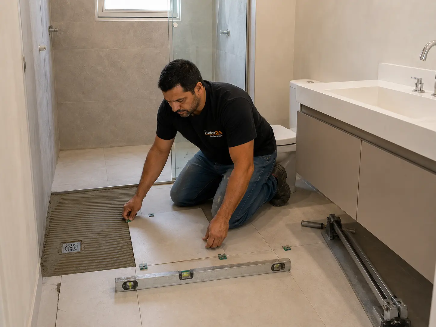 Instalação de porcelanato em banheiro reformado