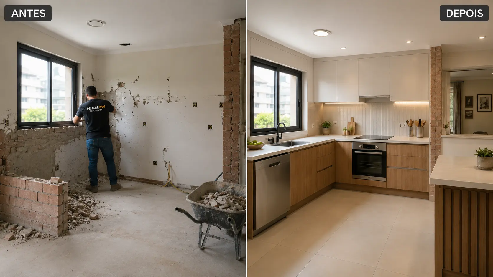 Instalação de porcelanato em reforma de cozinha no Rio de Janeiro - Prolar24h Reformas